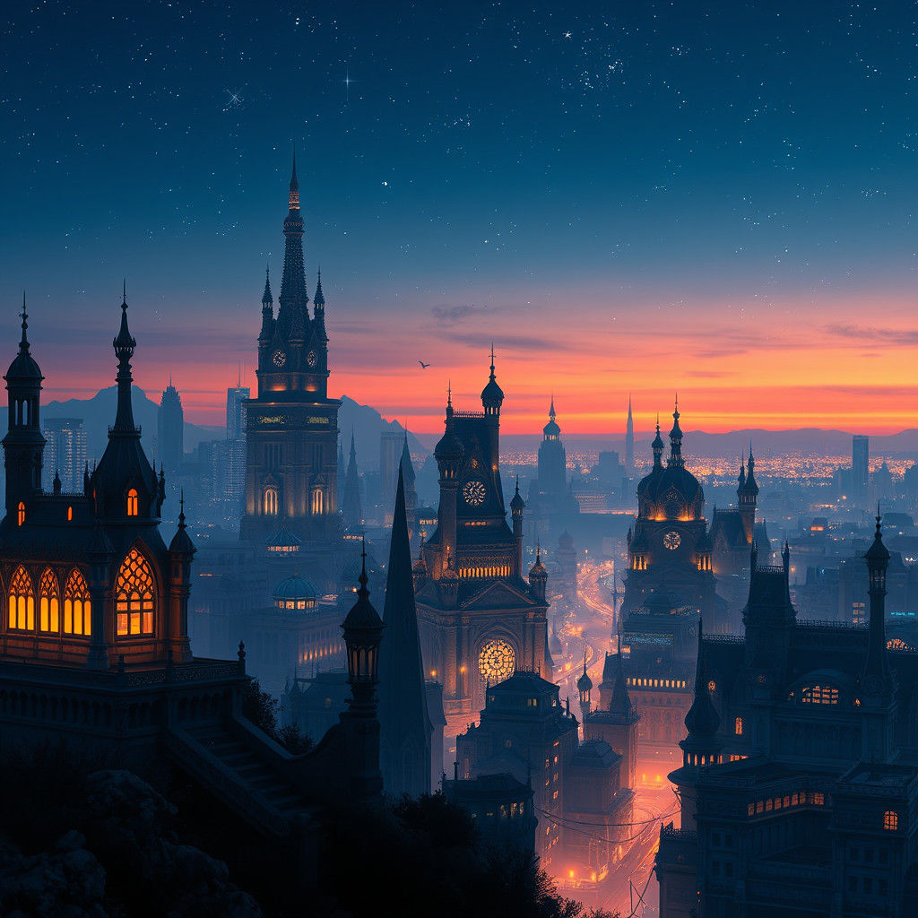 Glowing Cityscape at Dusk: Fantastical Architecture