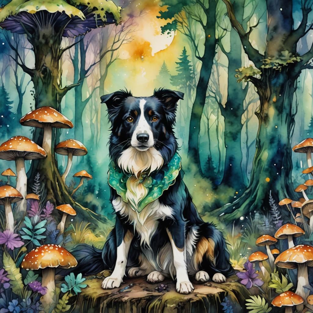 Border Collie in Mystic Forest: Fantasy Concept Art