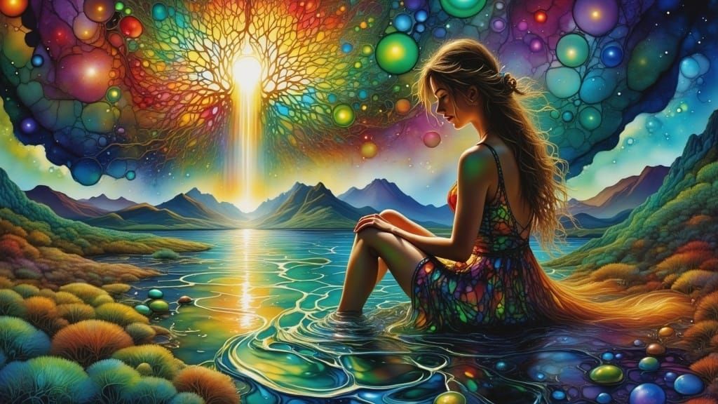 Mystical River Goddess in Vibrant Dreamscapes