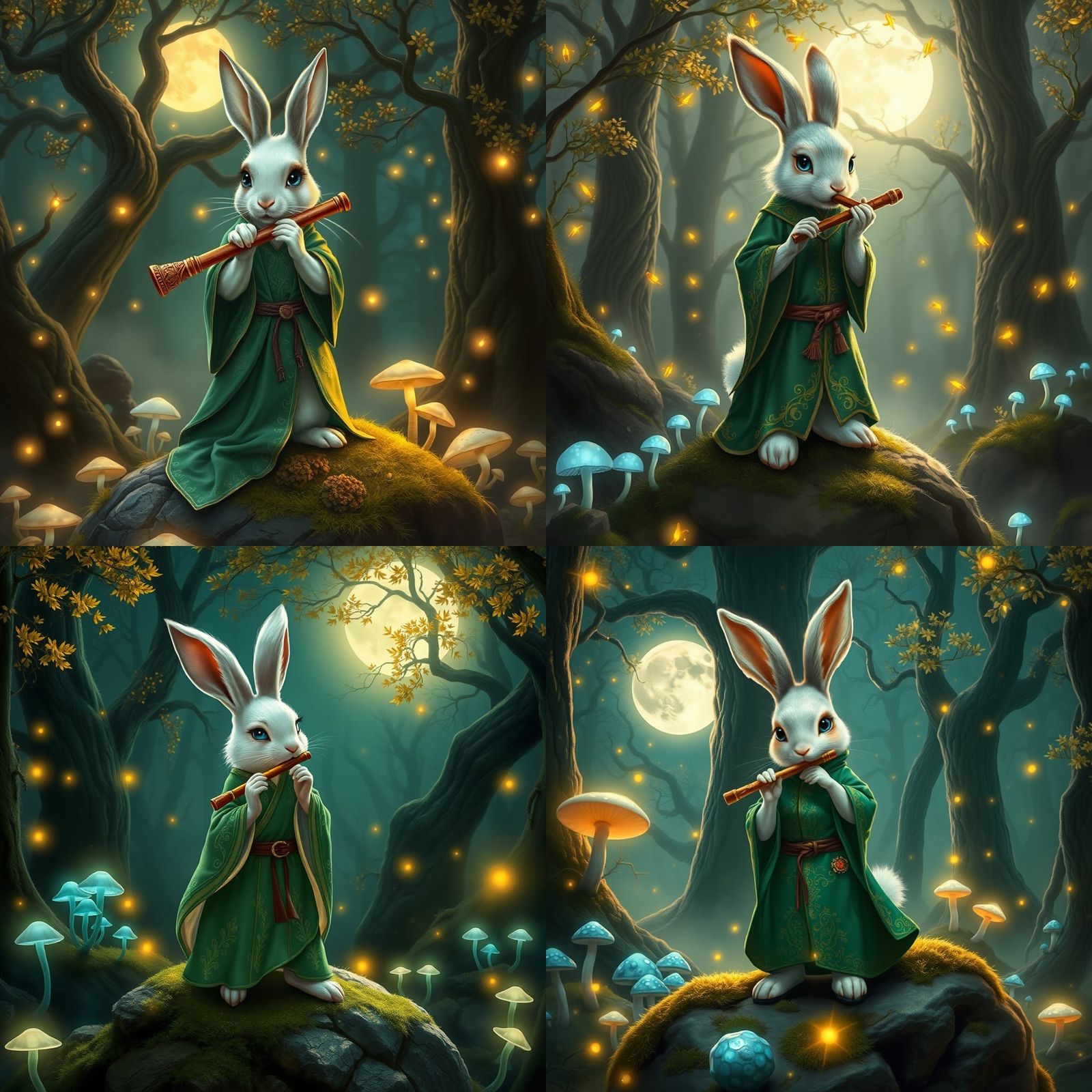 Elegant Moonlit Forest Flutist in Emerald Robes