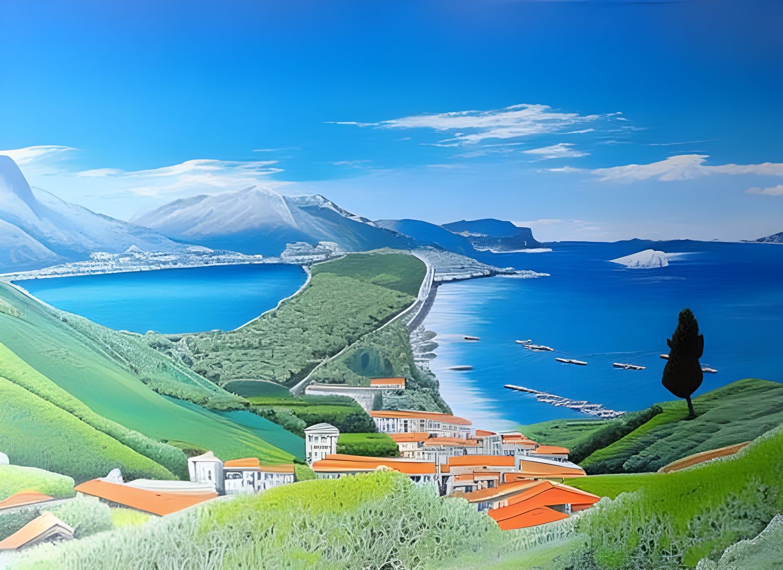 Bacoli Panorama in Hyperrealistic Painting Style