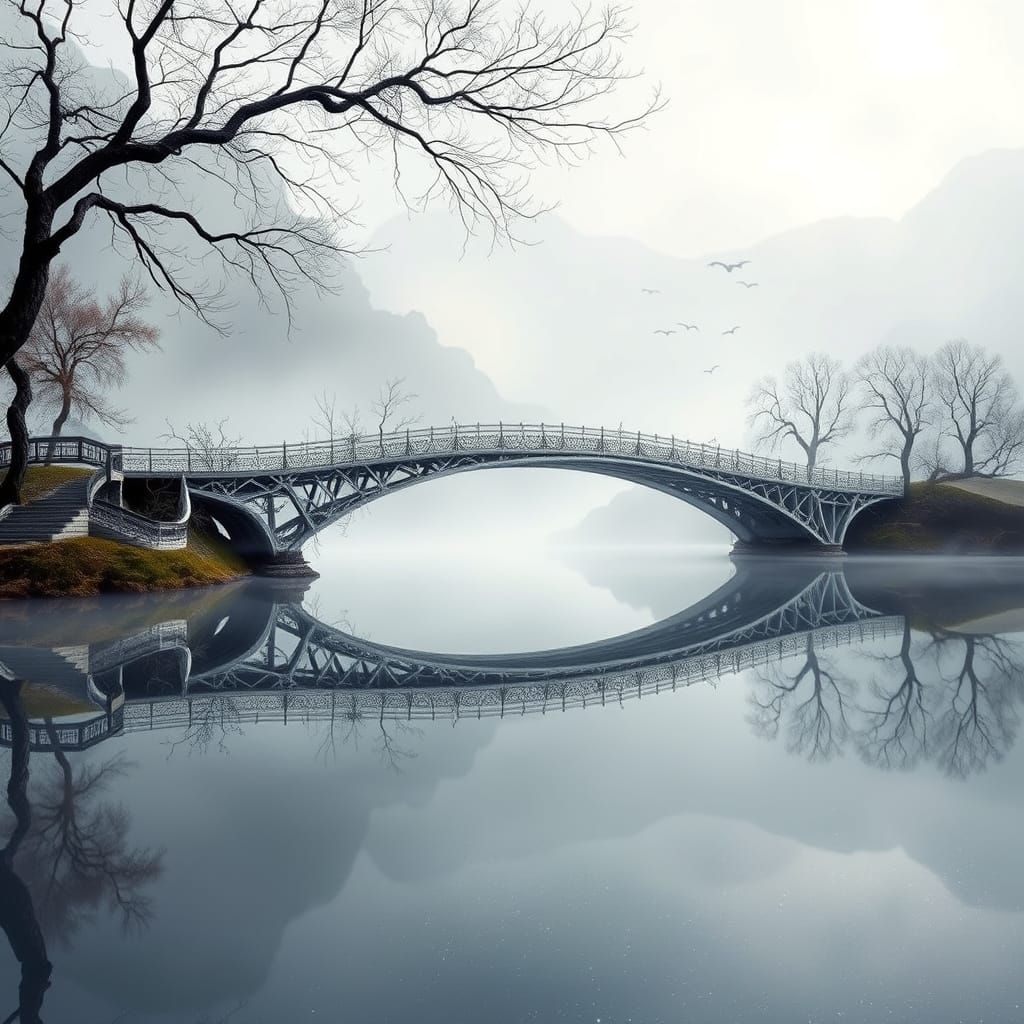 Dreamlike Gaudí-Inspired Bridge Over Mist Lake