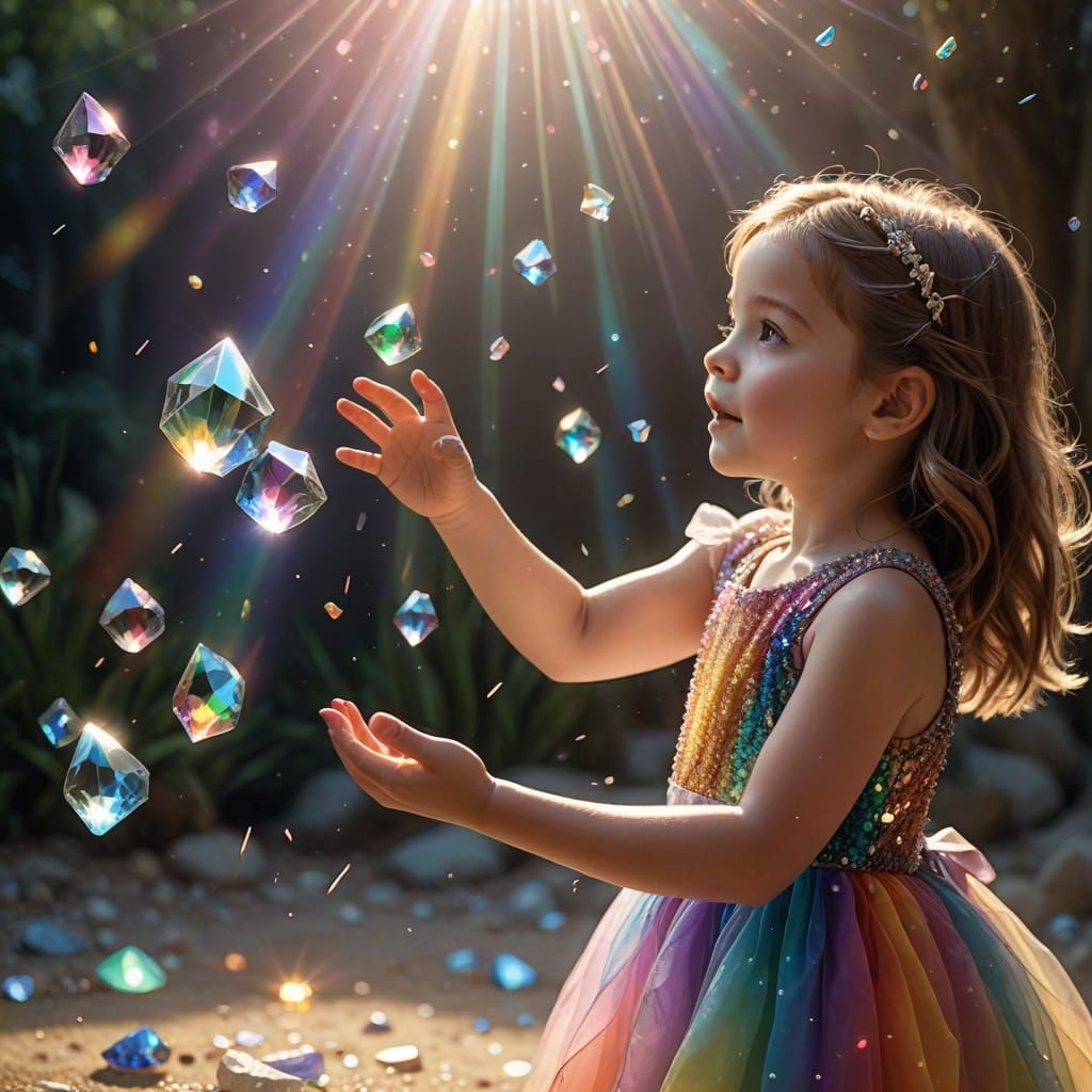 An adorable child in reaching out for the rainbow