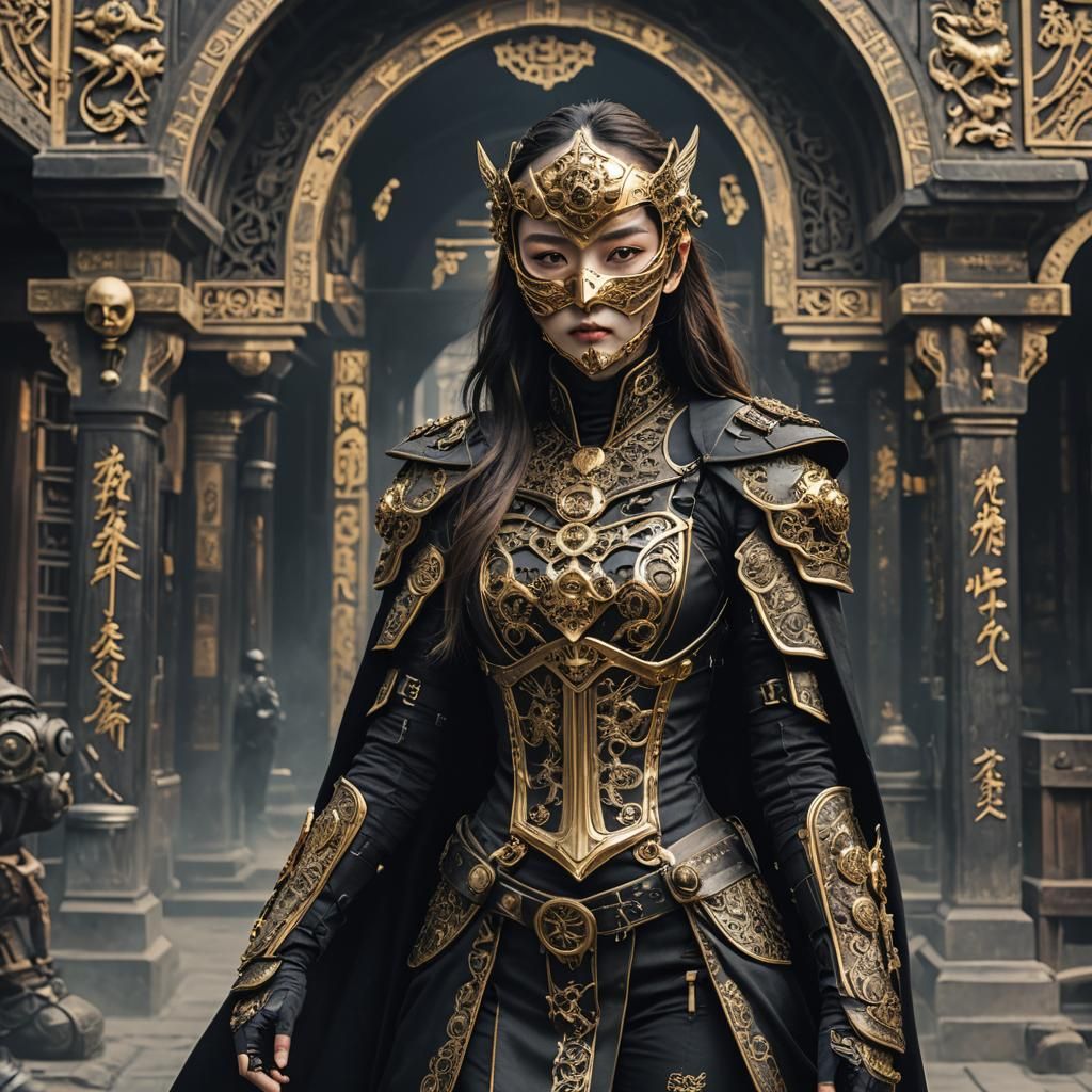 Steampunk Ninja in Black and Gold Armor