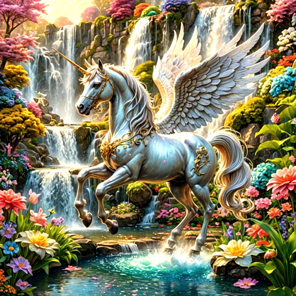 Unicorn-Pegasus in Magical Garden, Candy Art Style