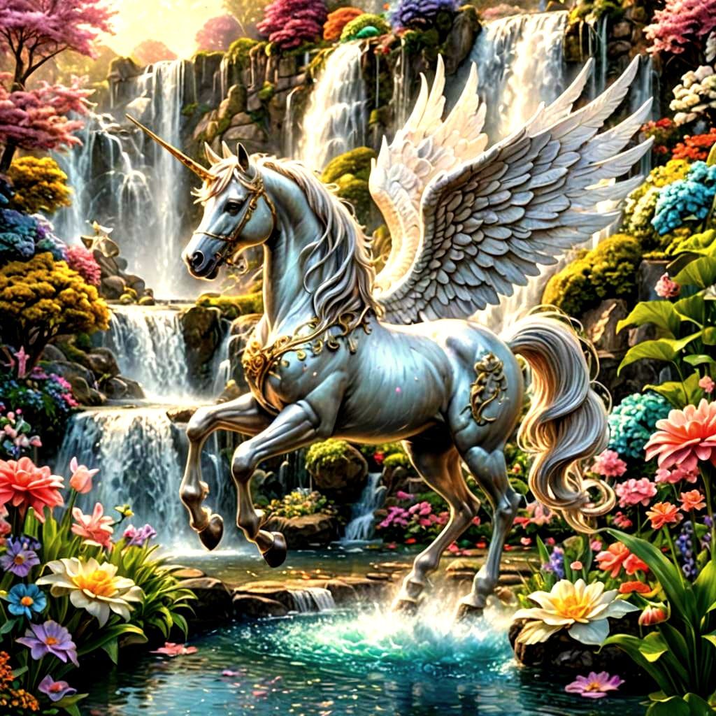 Detailed Unicorn-Pegasus in Magical Garden, Candy Art