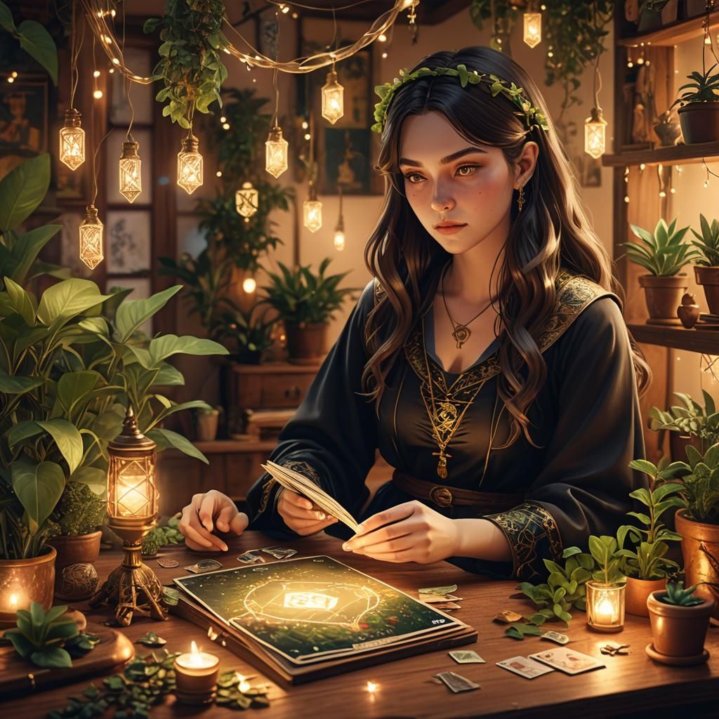 Anime Witch Reads Tarot Cards in Cozy Bedroom