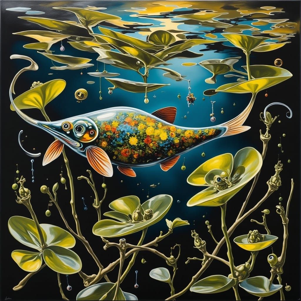 Iridescent Lungfish in Aquatic Jungle, Surrealist Painting