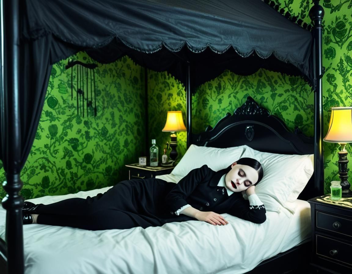 Wednesday Addams Asleep in Gothic Bedroom