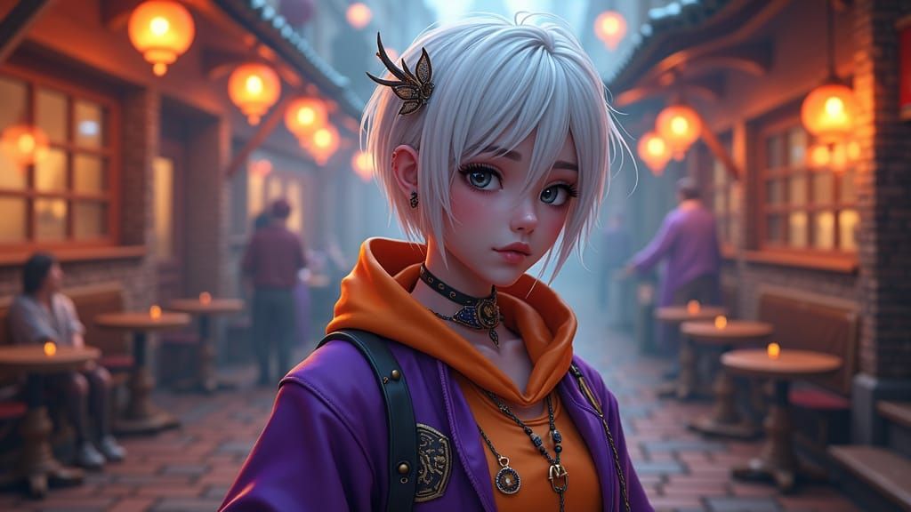 Ethereal Tavern Keeper in Vibrant Purple and Orange Attire