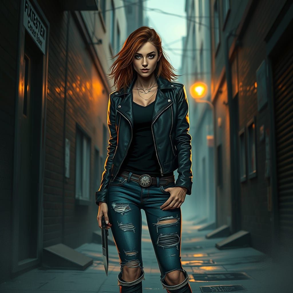 Fearless Woman in Urban Alleyway: Noir Art