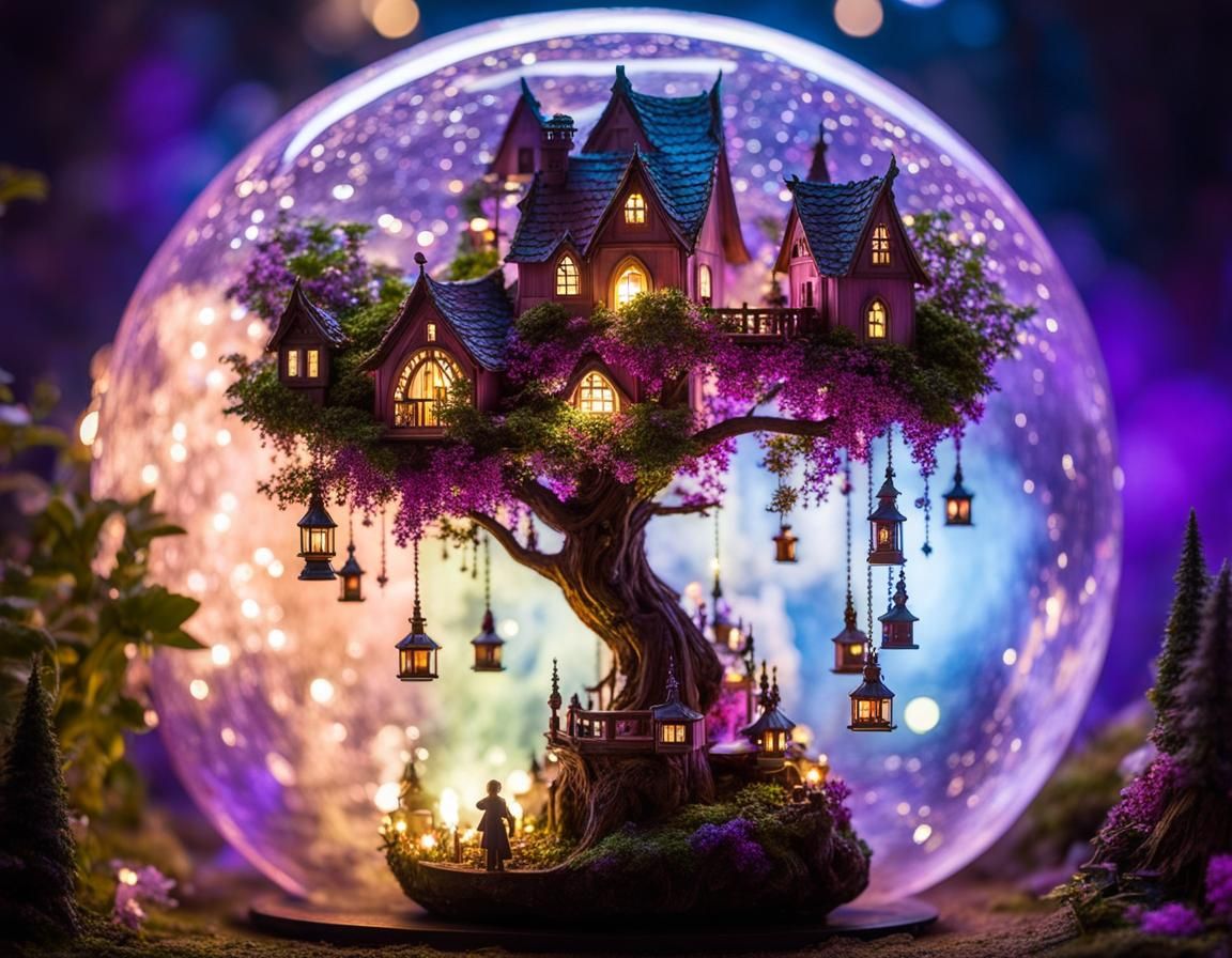 Ethereal Fairy Village with Fireflies at Night