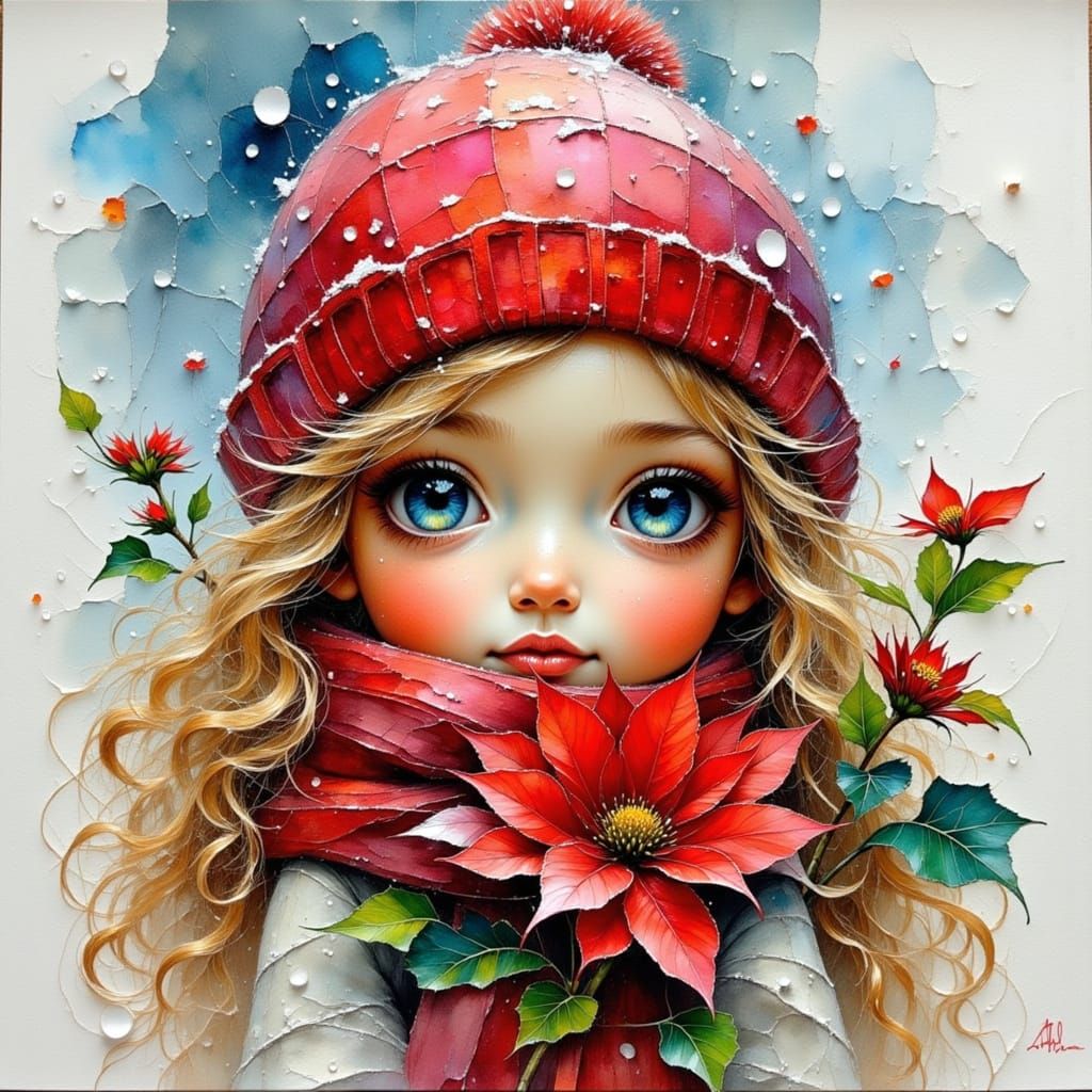 Girl Holding Poinsettia in Snowy Dreamscape Oil Painting