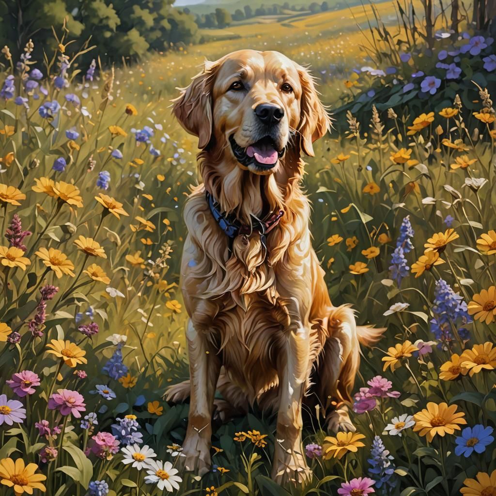 Golden Retriever in Flower Field: Grunge Oil Painting