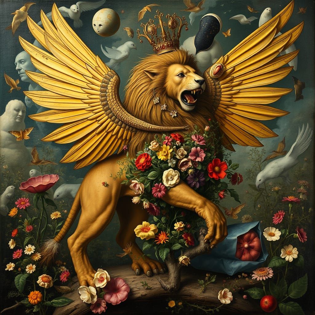 Surreal Lion Amidst Vibrant Floral Whirlwinds in Gothic Fant...