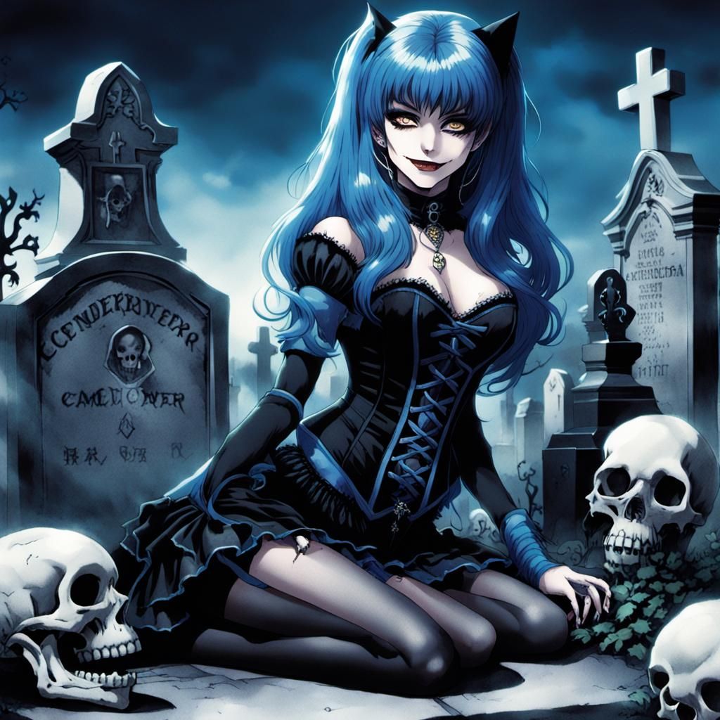 Elvira in Gothic Manga Style at Cemetery