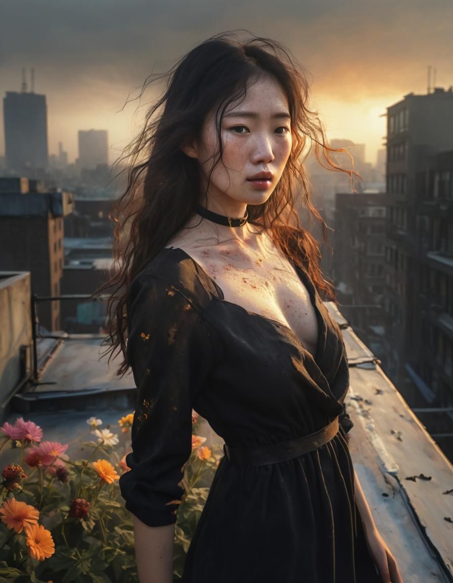 Surreal Woman in Mist and Flowers, Oil Painting