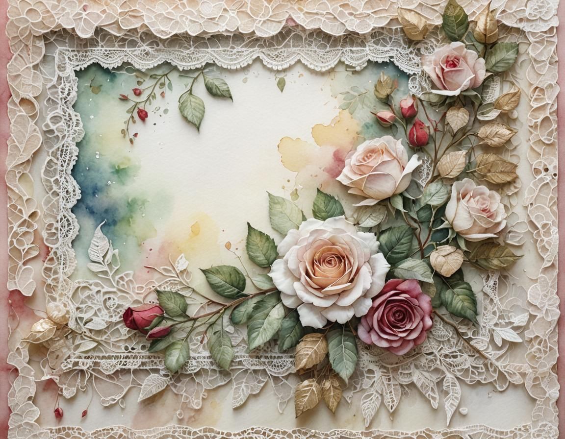 Lace-Framed Roses in Watercolor Art Nouveau Style