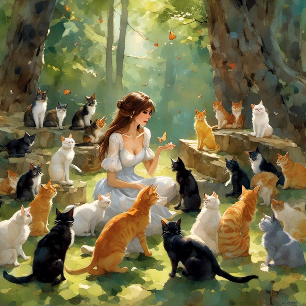 Woman Conversing with Cats in Forest