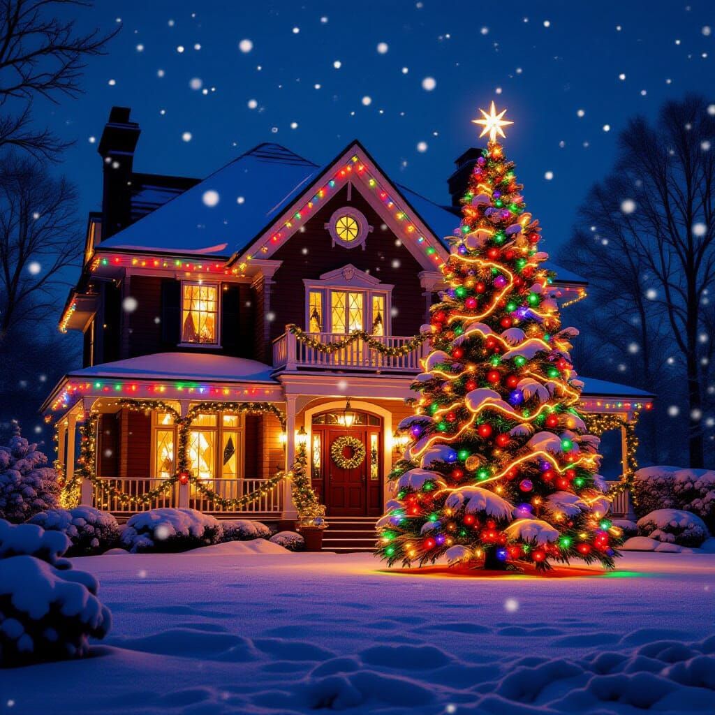 Festive Snowy House with Glowing Christmas Lights at Night