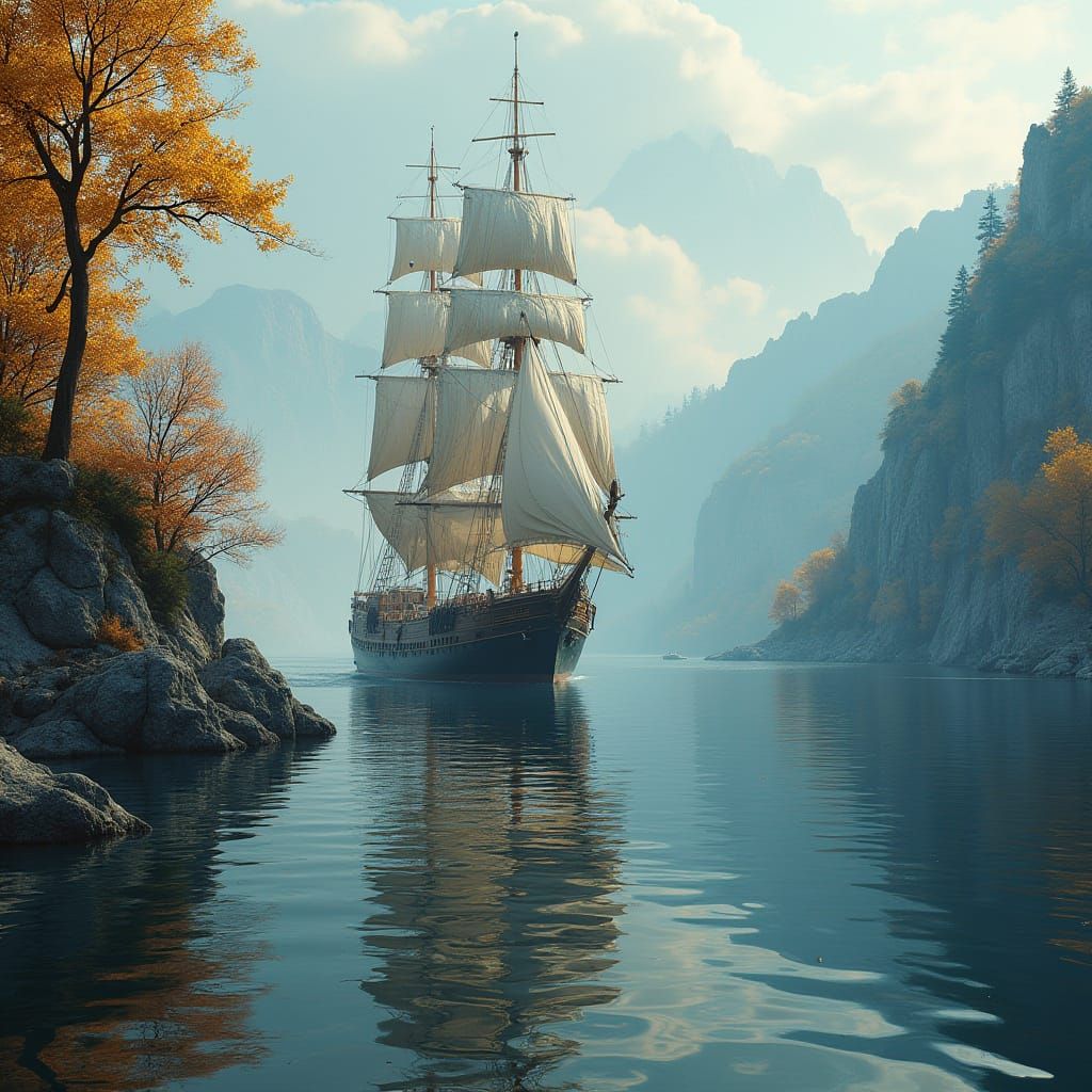 Tall Ship on Lake with Autumn Trees: Hyperreal and Surreal