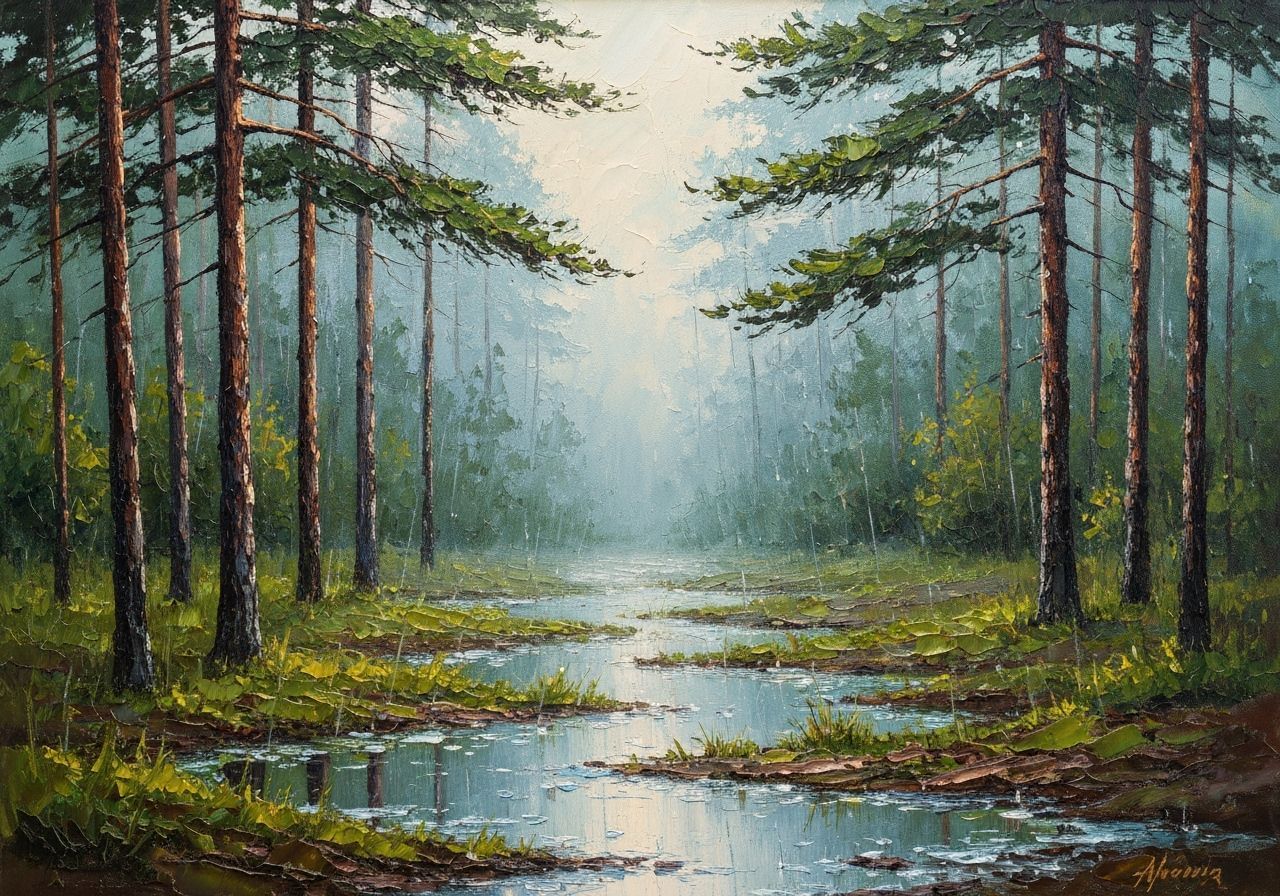 Rainy Pine Valley with Impasto and Mist