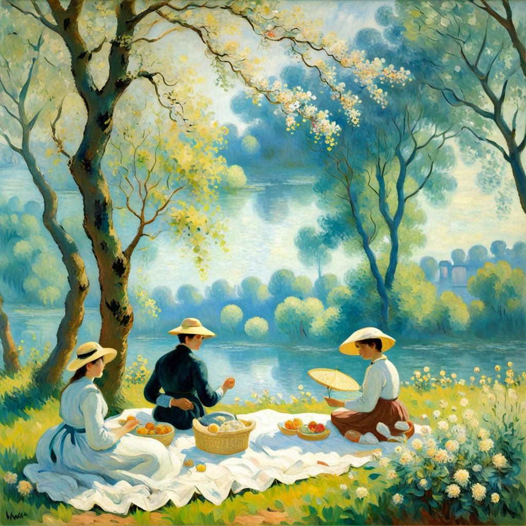 Riverside Picnic Landscape in Impressionist Style