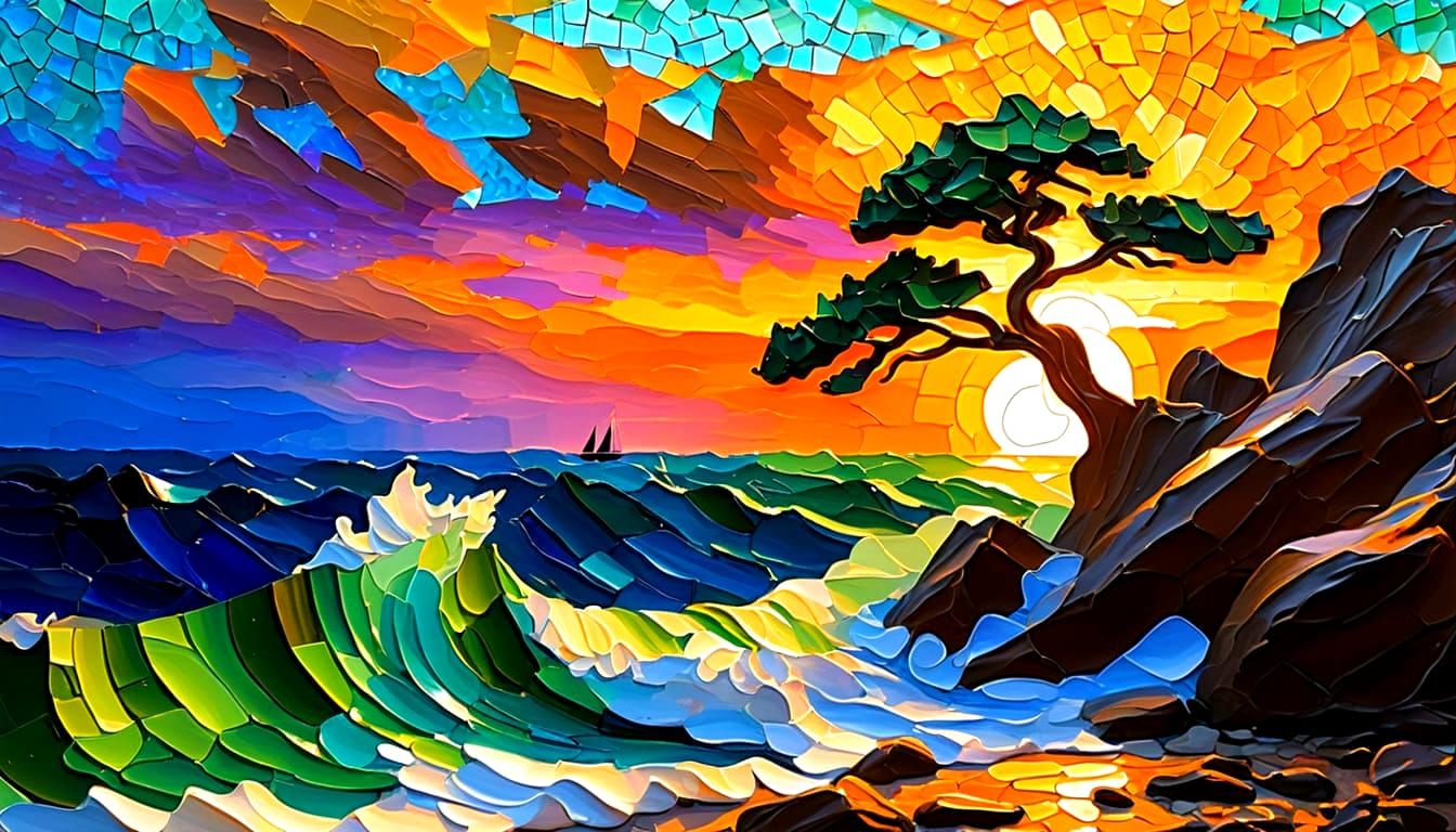 Dramatic Seascape Mosaic of Sea Glass and Impasto Sunset