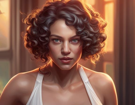 Curly Haired Girl Portrait in Art Nouveau Style