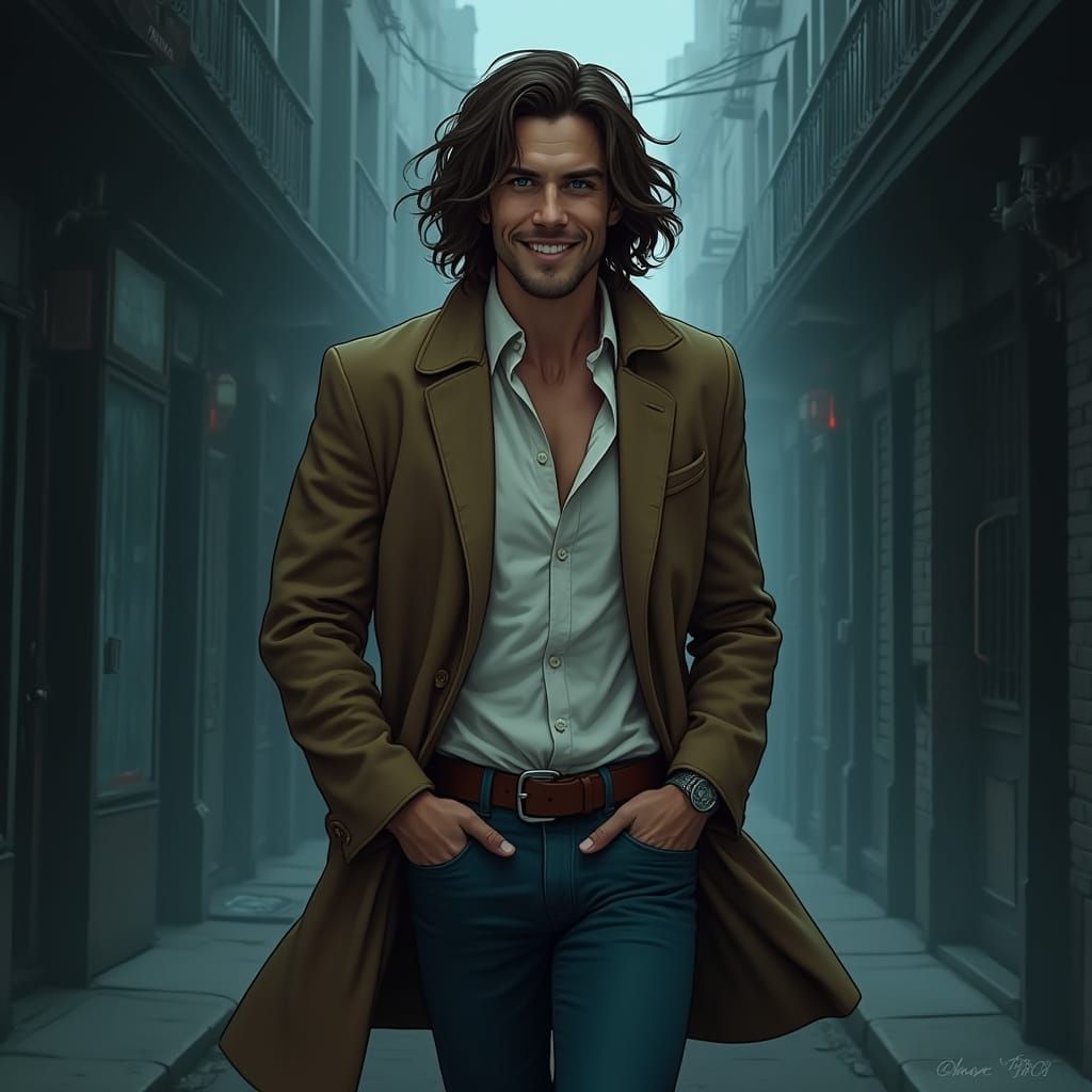 Man in Overcoat Striding Down Foggy Alley