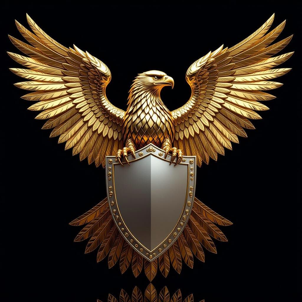 Golden Mechanical Eagle Holds Silver Shield, Epic Digital Ar...