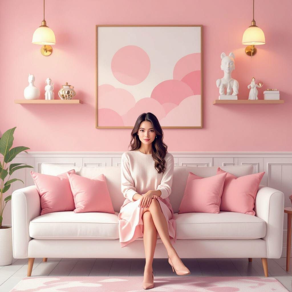 Serene Office with Pink Textured Wall in Digital Painting St...