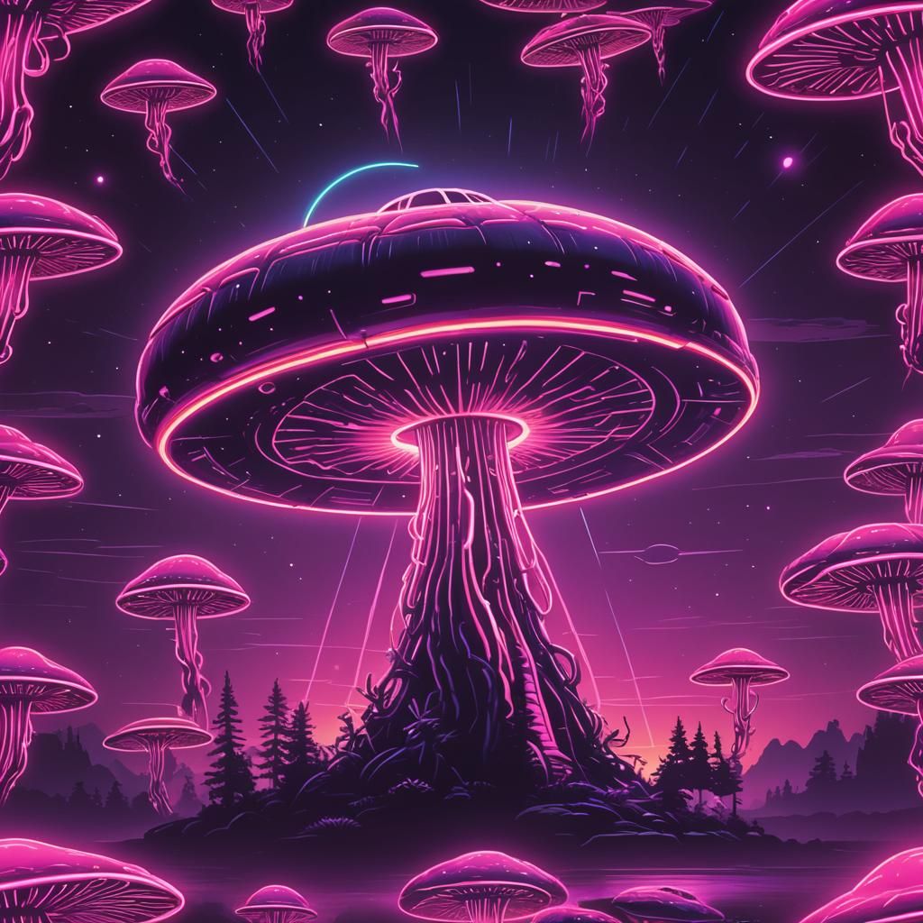 Synthwave Alien Descends Mushroom UFO