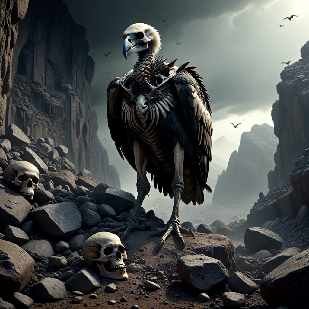Vulture Skull Skeleton in Gloomy Landscape