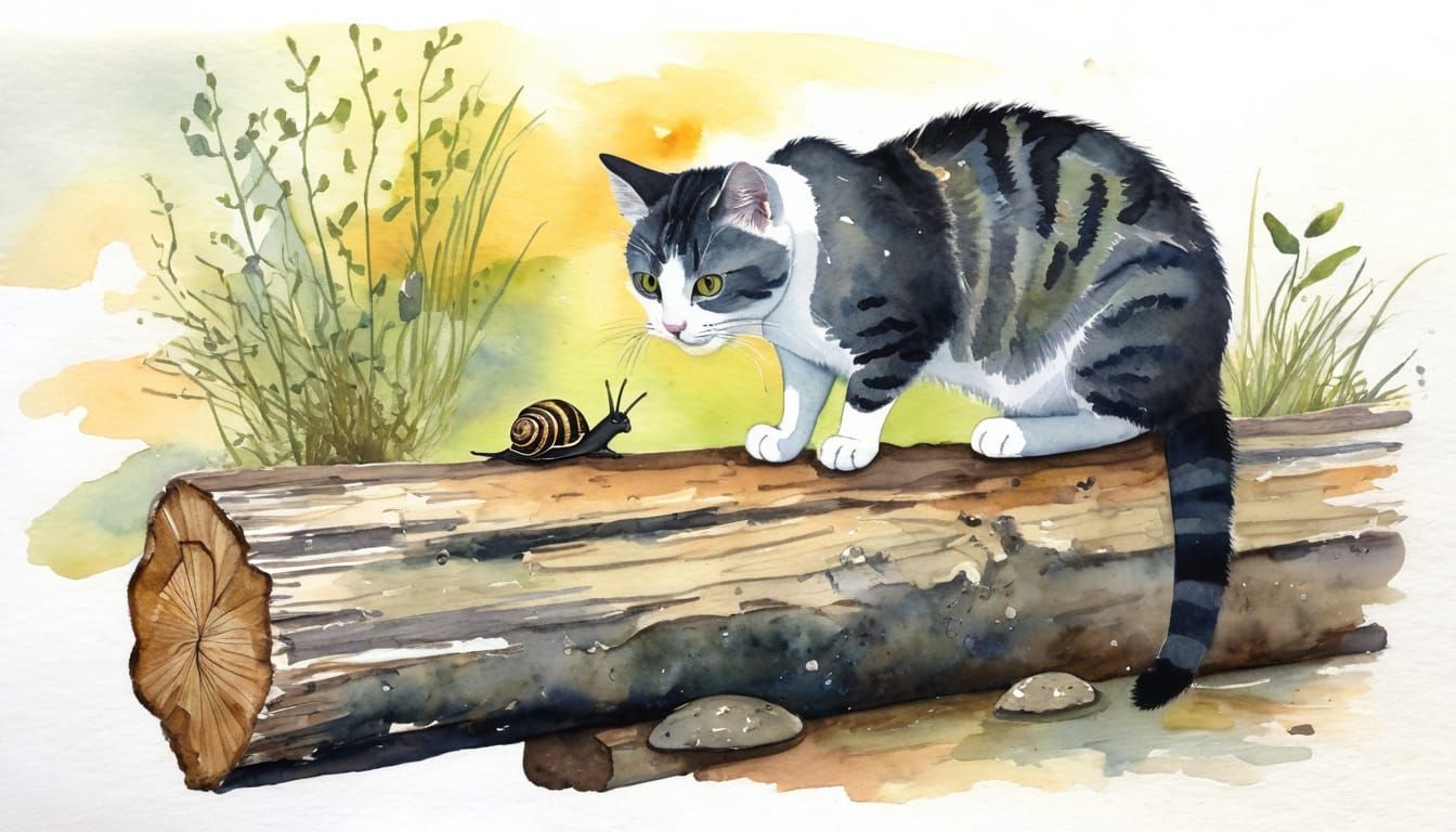 Watercolour Cat Watching Snail on Log