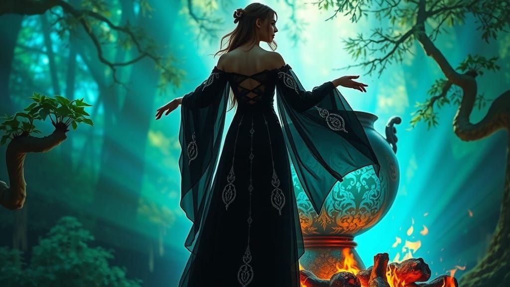 Mystical Enchantress Amidst Radiant Fantasy Forest
