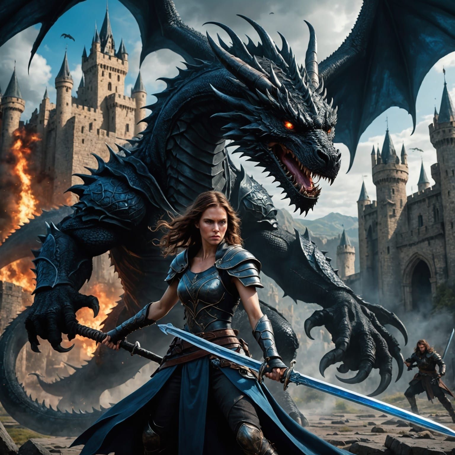 Warrior Woman Battles Black Dragon: Fantasy Art