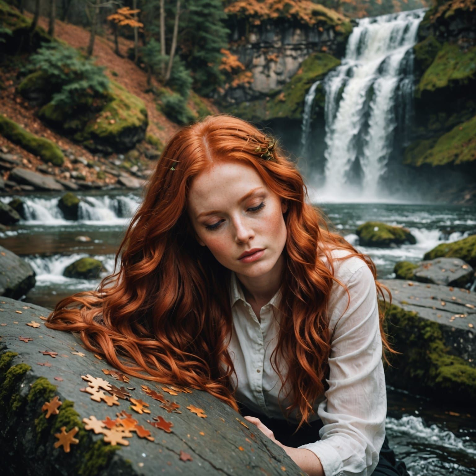 Woman with Red Hair and Waterfall in a Puzzle