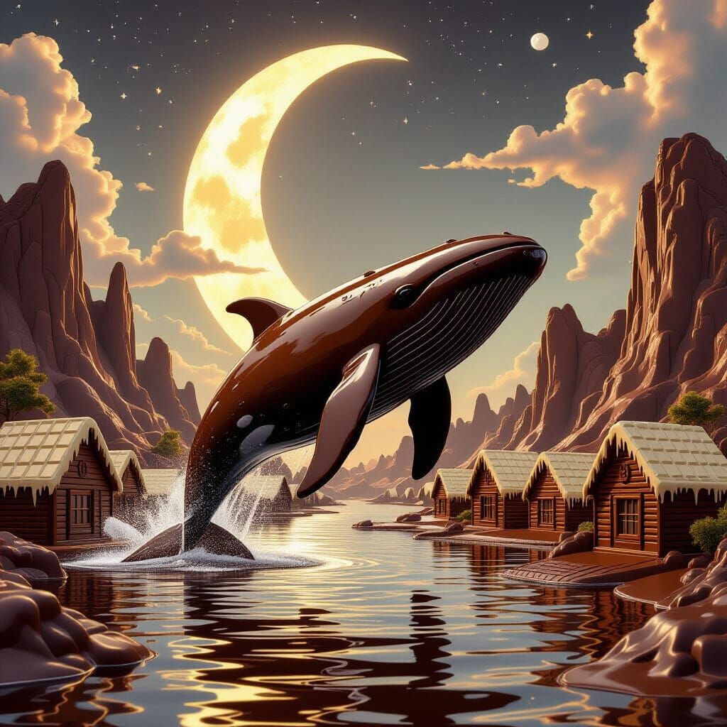 Chocolate Whale Leaping From Liquid Chocolate Lake