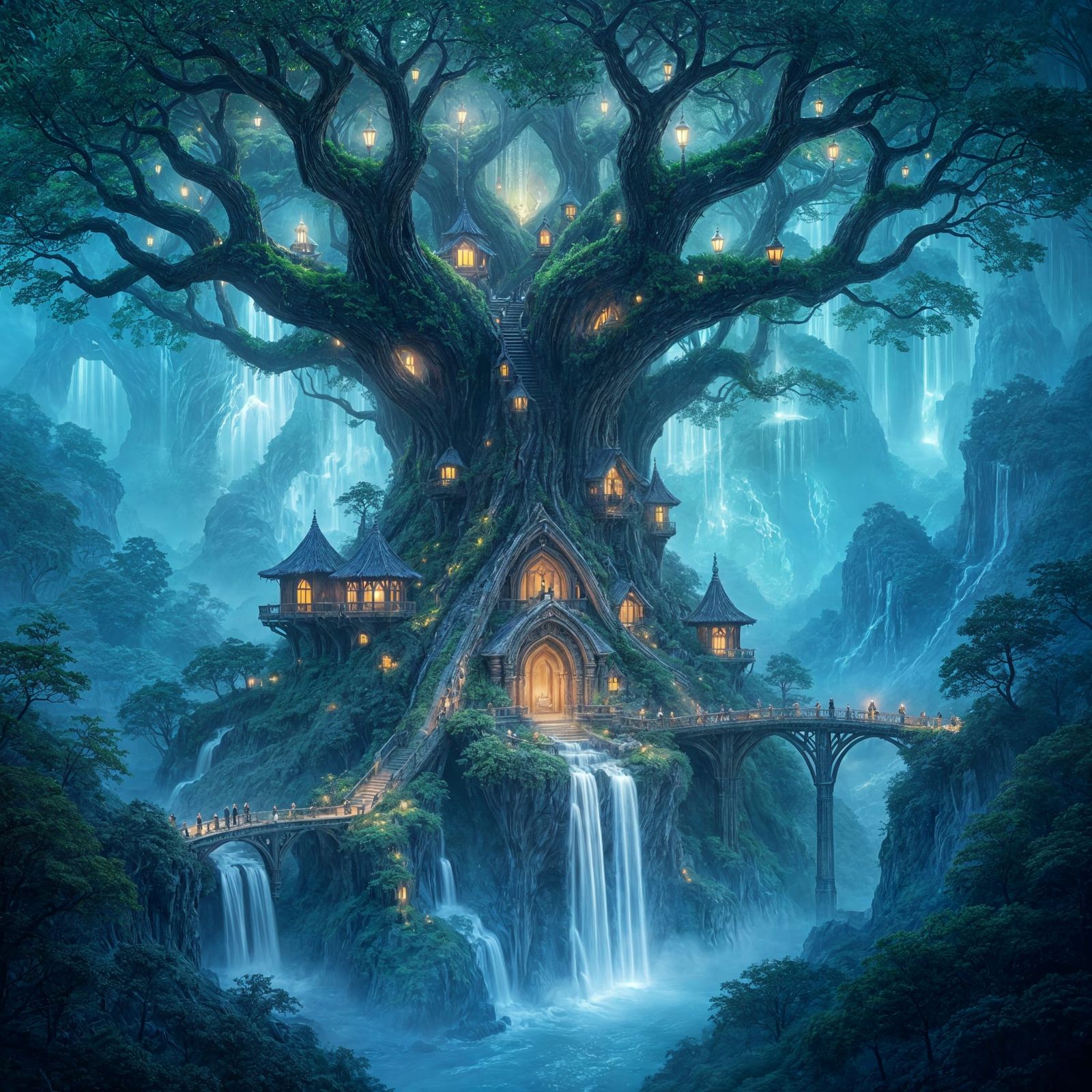 An ethereal elven city built within the bioluminescent depth...