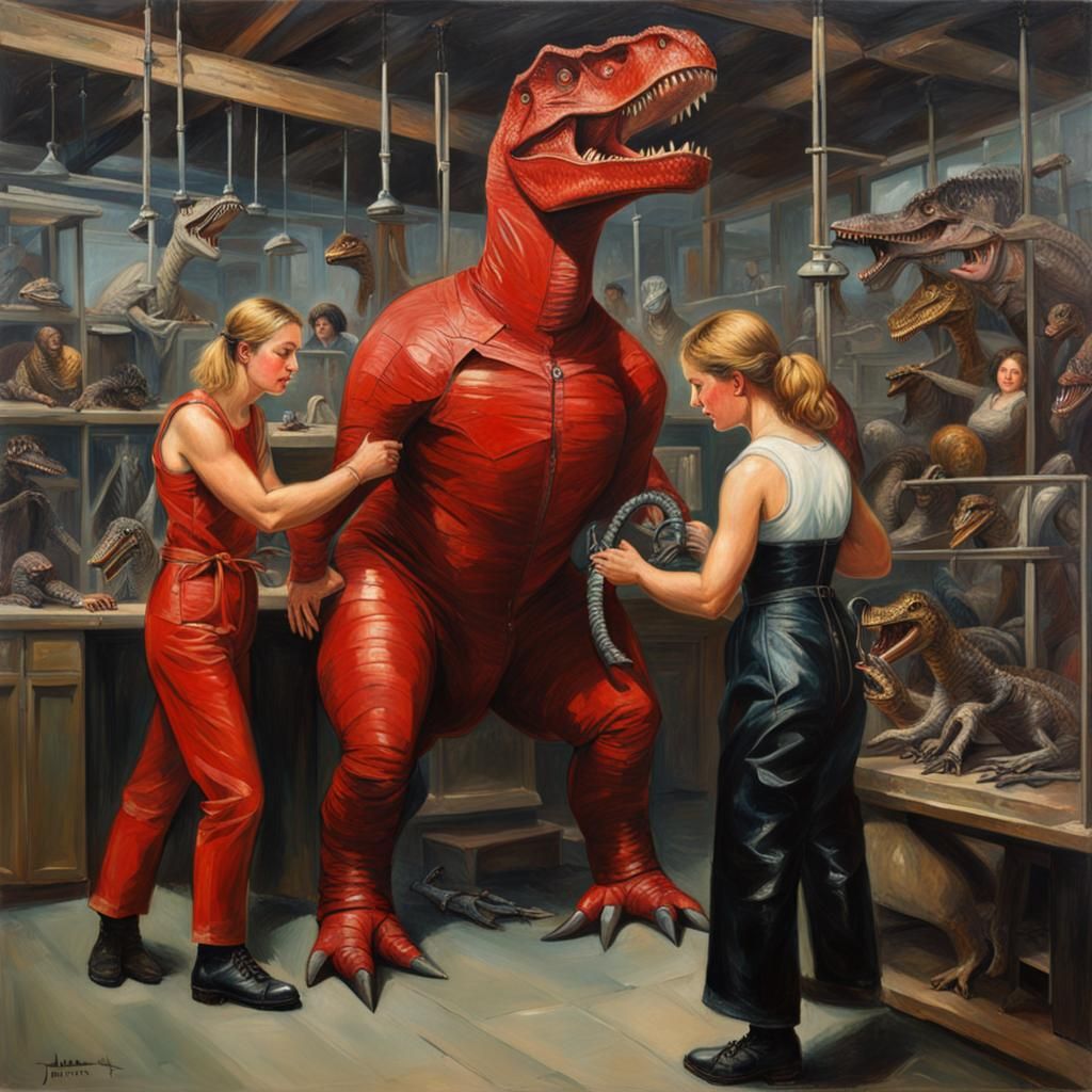 Dinosaur Lab with Woman in Red Leather, Oil Painting