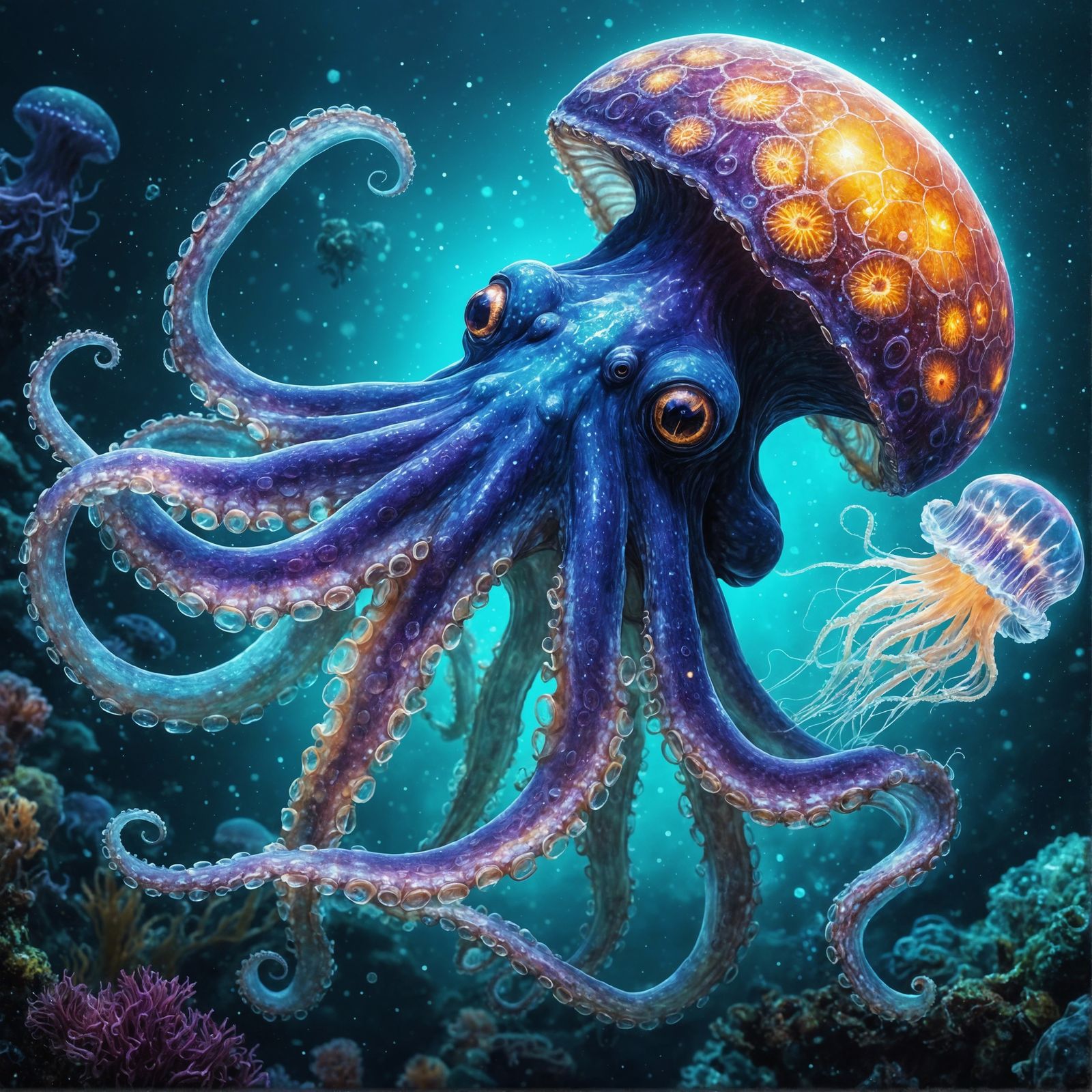 Bioluminescent Octopus Versus Jellyfish in Cosmic Astral Sty...