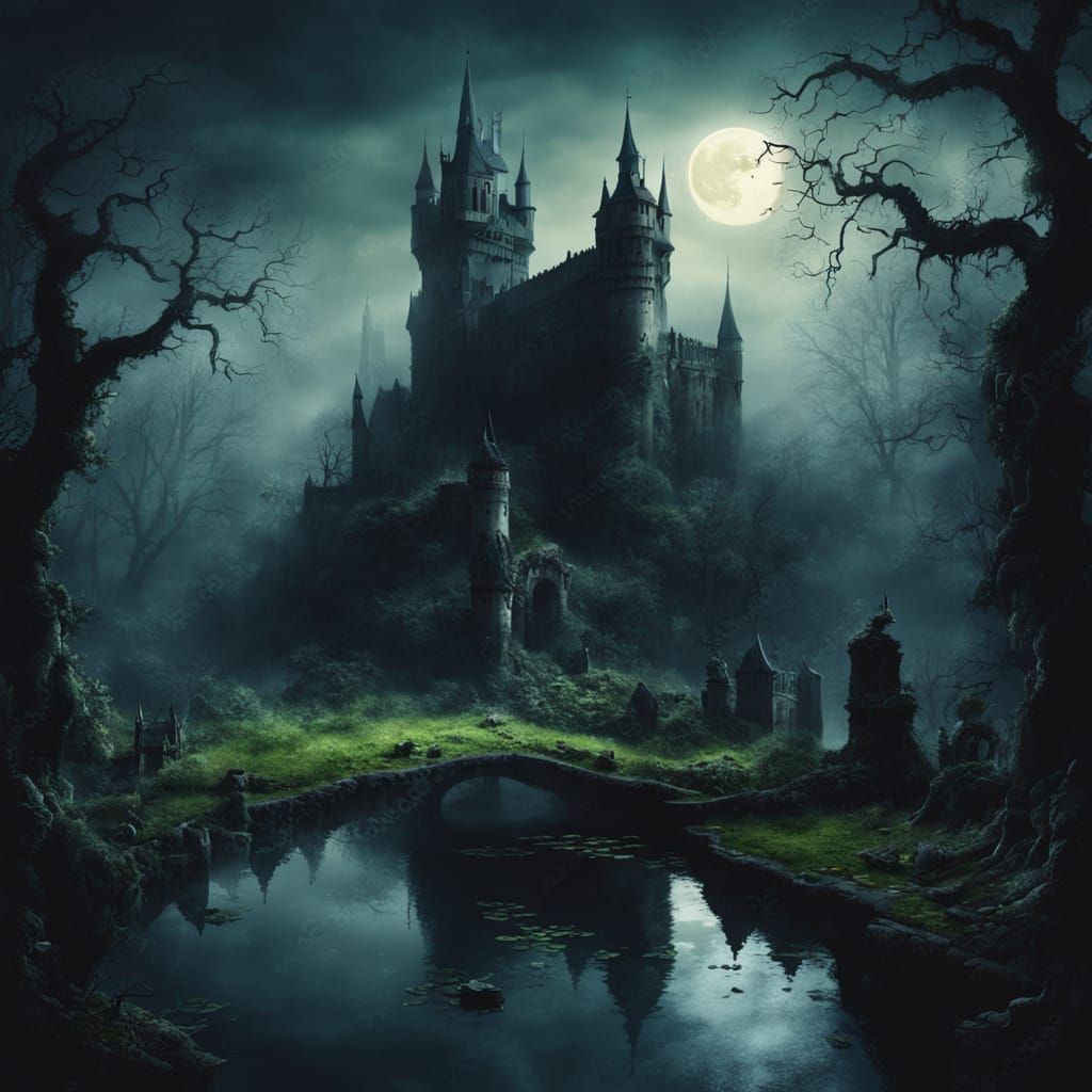 Eerie Gothic Garden of Dracula's Castle in Moonlight