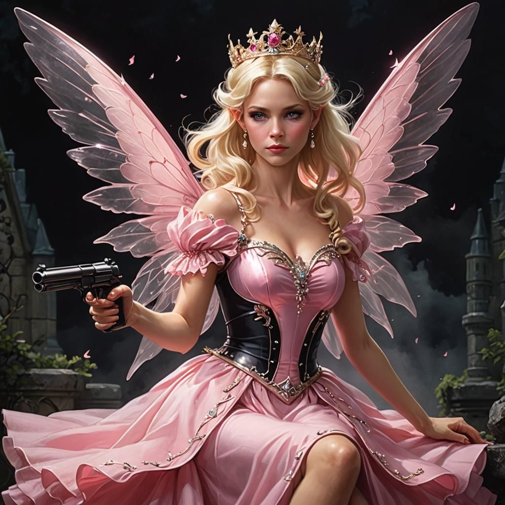 Sassy Fairy with Pistol in Dark Fantasy Scene