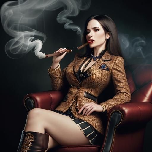 Businesswoman Smoking Cigar in Paisley Suit