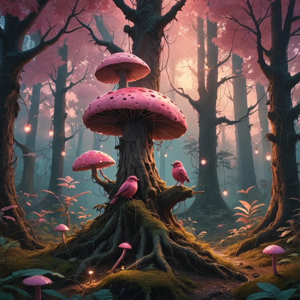 Pink Birds in Magical Forest: Matte Painting