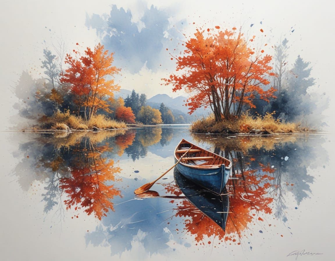 Vibrant Autumn Lake Reflections with Canoe