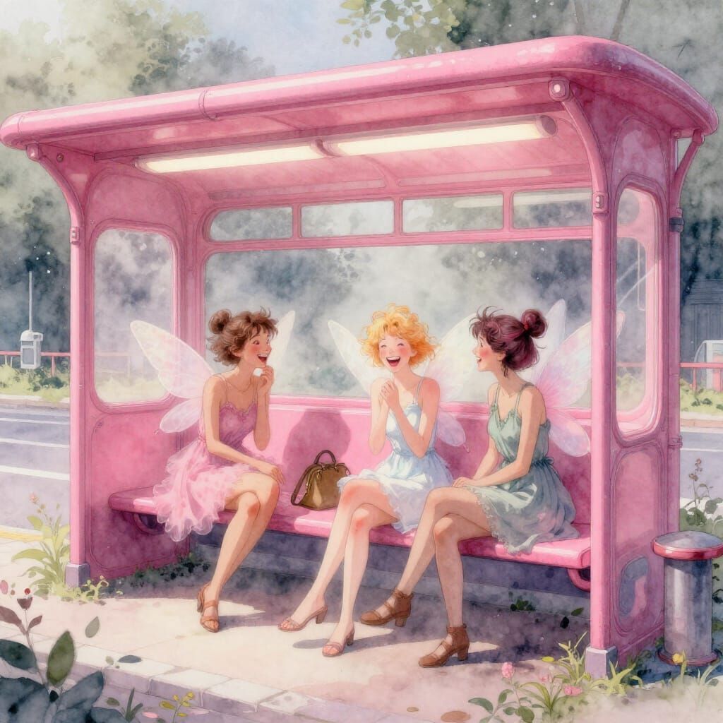 Ethereal Fairies Laughing in Pink Bio Punk Bus Station Water...