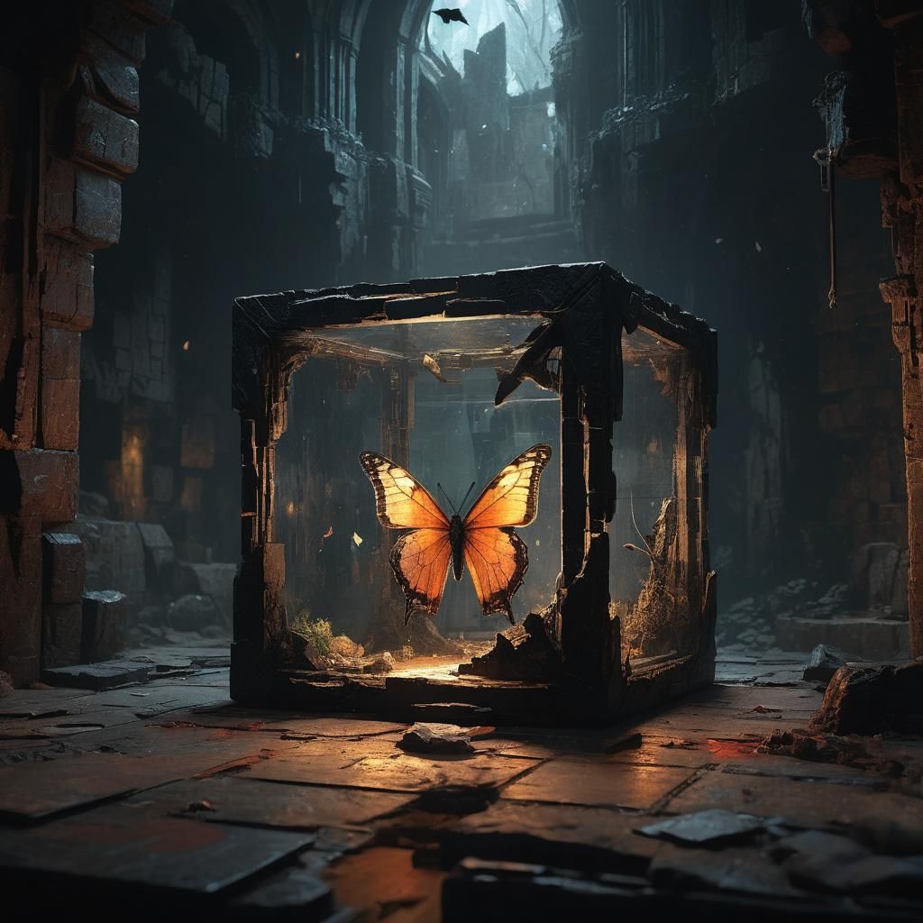 Butterfly and Fairy in Cracked Cube, Impressionistic Style