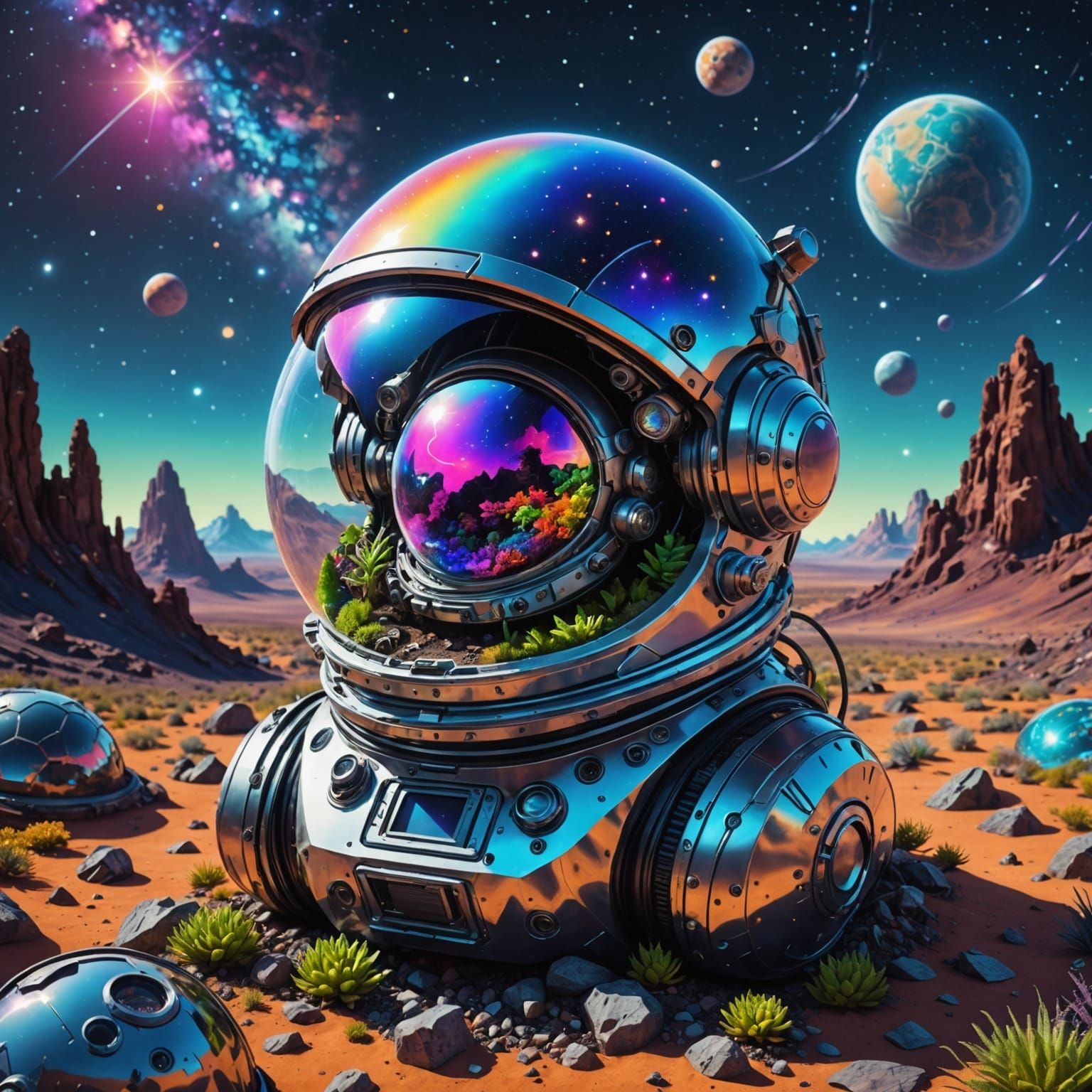 Astral Terrarium in Astronaut Helmet, Holographic Illustrati...